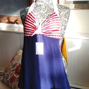 Navy, red and white skirted suit with shorts underneath